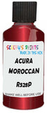 Detail brush applying Red Metallic to a small door scratch on an Acura Acura, clean OEM finish