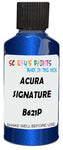 Detail brush applying Blue Metallic to a small door scratch on an Acura Ilx, clean OEM finish