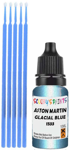 Close-up chip repair on 2006-2009 Aston Martin V8 Vantage Roadster in factory Glacial Blue Metallic (paint code 1533)