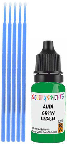 Close-up chip repair on 2019-2023 Audi A5 Coupe in factory Grã¼N (paint code L2D8,J5)