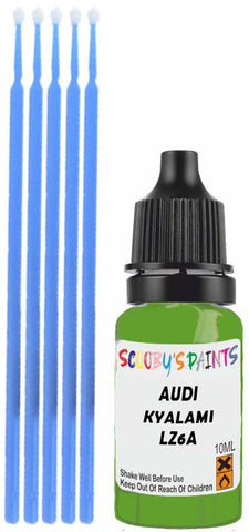 Close-up chip repair on 2013-2024 Audi Tt Coupe in factory Kyalami Green Metallic (paint code LZ6A)