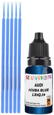 Close-up chip repair on 2010-2019 Audi A4 Limousine in factory Scuba Blue Pearl (paint code LX5Q,S9)