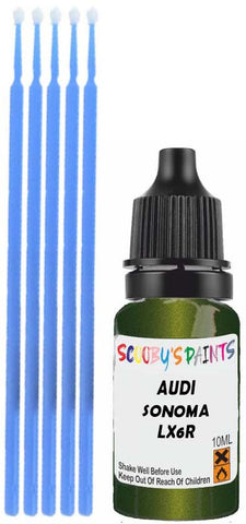 Close-up chip repair on 2017-2022 Audi Rs4 in factory Sonoma Green Pearl (paint code LX6R)