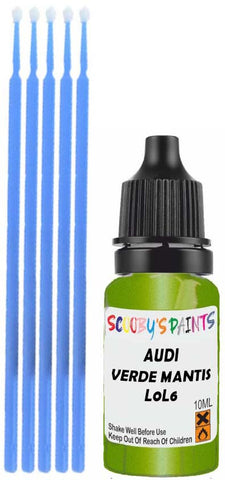 Close-up chip repair on 2013-2014 Audi Car in factory Verde Mantis Perleffekt (paint code L0L6)