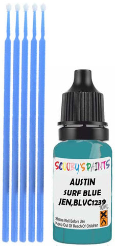 Close-up chip repair on 1997-1999 Austin Mini in factory Surf Blue (paint code JEN,BLVC1239)