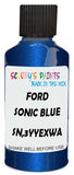 Detail brush applying Blue Metallic to a small door scratch on an Ford Mustang, clean OEM finish