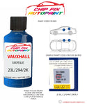 paint code location sticker Vauxhall Astra Coupe Europe Blue 23L/294/2Ku 1998-2004 Blue plate find code