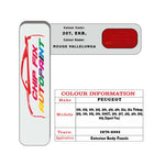 colour swatch card  Peugeot 405 Rouge Vallelunga 207, EKB, P0KB 1976-2001 Red Touch Up Paint